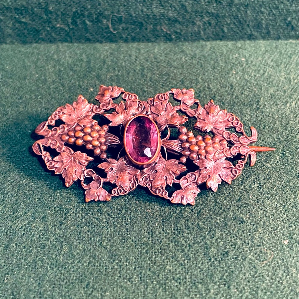 Antique Amethyst and Brass Grape Leaf Brooch